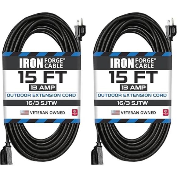 2 Pack Outdoor Extension Cord 15 ft, 16/3 SJTW Heavy Duty Black Extension Cord - Picture 7 of 7
